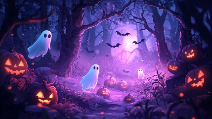 Eerie forest scene with glowing ghosts and carved pumpkins, bat silhouettes under a full moon. A mystical Halloween night setting filled with enchanting elements.