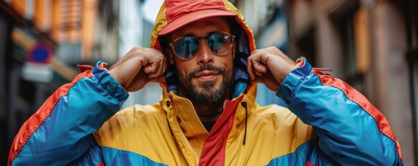 Stylish man in a colorful jacket and sunglasses in an urban setting, embracing street fashion.