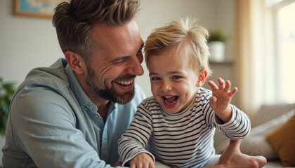 Happy father having fun while playing with his small son at home.