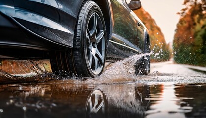 A car splashing through a puddle on a wet road, showcasing the dynamic movement and the beauty of rainy drives.