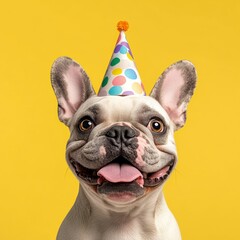 Wall Mural - Banner for Web of French Bulldog pet with a happy face at funny birthday party wearing colourful hat yellow background. Holidays celebrations concept. Advertising postcards. Generative AI Technology