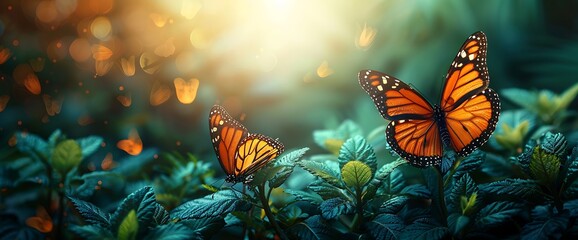 Two monarch butterflies perched on lush green foliage with soft sunlight and bokeh effect.