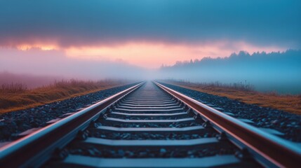 Wall Mural - Train tracks extending into the distance, minimalistic scene with soft light, abundant copy space around for design, No logo, No Trademark, No text