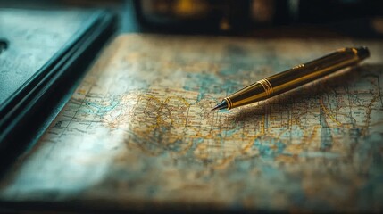 Wall Mural - Minimal train map on a clean surface, with a single pen beside it, soft light, abundant space for copy around the objects, No logo, No Trademark, No text