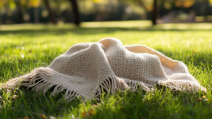 Wall Mural - Minimal picnic blanket on a grassy field, soft natural light, ample copy space around for text or design, No logo, No Trademark, No text