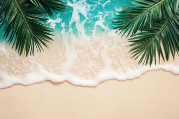 summer beach background of sand, sea and palm leaves , ai