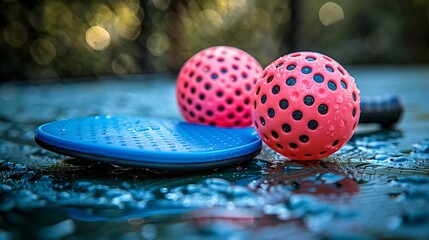 Wall Mural - Two pink paddle balls with a blue paddle on a wet surface with a blurred green background.