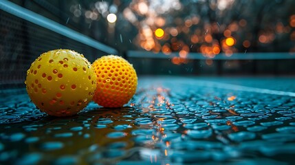 Wall Mural - Two yellow tennis balls sit on a wet tennis court with rain falling.