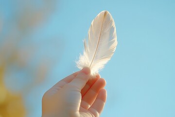 Wall Mural - minimal childâ€™s hand reaching towards the sky, holding a small bird feather, soft natural light, a