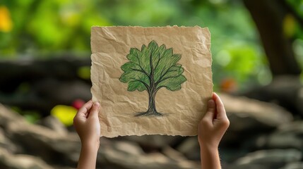 Wall Mural - simple drawing of a tree by a childâ€™s hand on recycled paper, minimal scene with ample copy space 