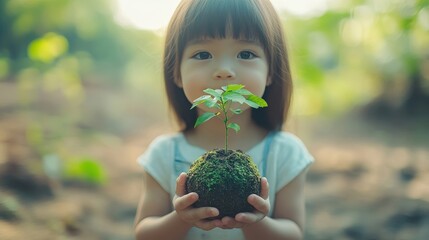 Minimal child holding a small globe with a green tree sprouting from it, soft natural light, large blank space around, No logo, No Trademark, No text