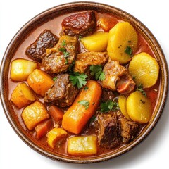 Wall Mural - Beef Stew with Potatoes and Carrots in a Brown Bowl