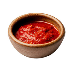 Wall Mural - Bowl with spicy red harissa sauce textured with visible chili seeds isolated on a transparent background 