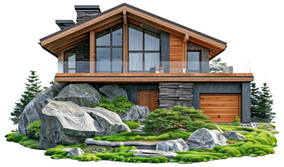 Sticker - PNG  Modern wooden mountain cabin exterior