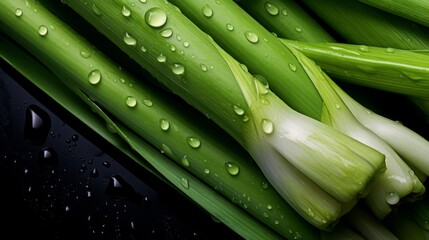 Wall Mural - Pile of fresh leeks with glistening droplets of water. Advertising photography. Neural network ai generated art