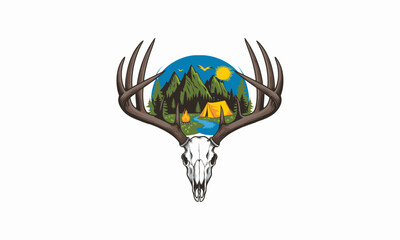 Wall Mural - vector graphic features a deer skull with large antlers, within which a vibrant camping scene is depicted