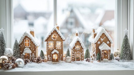 A charming winter scene featuring a gingerbread village decorated with white icing, set amidst snowy trees by a frosted window. The gingerbread houses are intricately detailed, with warm glowing light