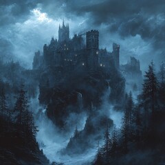 Wall Mural - dark fantasy ominous castle atop a mountain, mist and trees, moonlight, eerie with deep blues and grays, gothic emanates, intricate