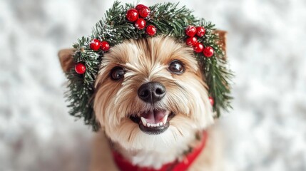 cute small dog with light brown fur wears a festive Christmas wreath decorated with red berries, smiling joyfully at the camera. The bright, blurred background adds a soft, wintery feel to the image. 