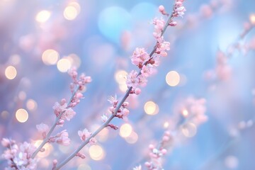 Poster - Delicate cherry blossom branches with soft pink flowers against a dreamy bokeh background in springtime