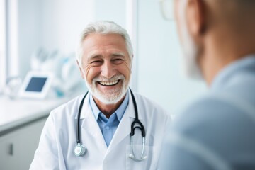 elderly male doctor talking to patient in hospital