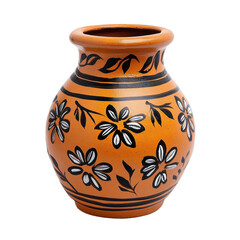 Ornate traditional pottery clay pot with hand painted floral designs and earthy tones isolated on a transparent background 