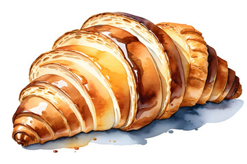 Watercolor illustration of a croissant isolated on a transparent or white background.