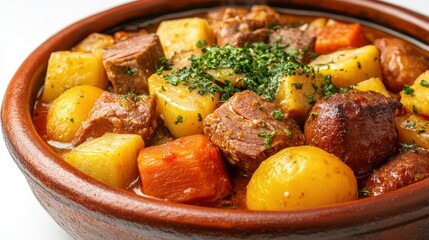 Close-up of a clay pot filled with beef stew and potatoes