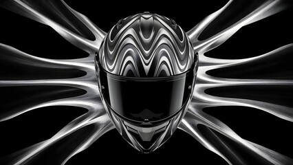 A futuristic motorcycle helmet with a stylized metal design features wave-like patterns on a black background