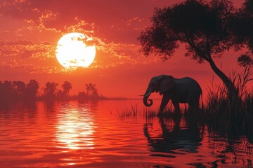 Poster - Elephant Silhouette at Sunset Over Water