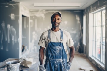 Portrait of a middle aged African American male home renovation worker in overalls