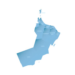 Poster - Oman political map of administrative divisions - governorates. Shaded vector map with 3D-like blue gradient and name labels