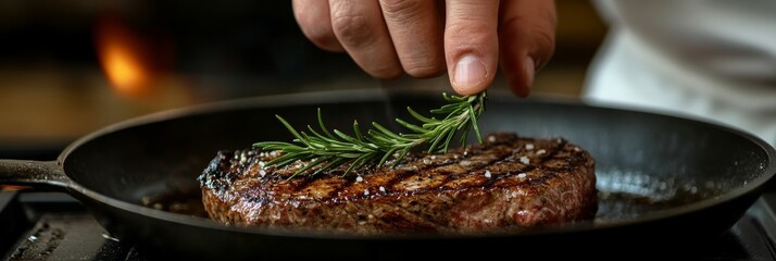 Canvas Print - A skilled chef adds a sprig of fresh rosemary to a beautifully grilled steak in a bustling kitchen, highlighting attention to detail and flavor enhancement