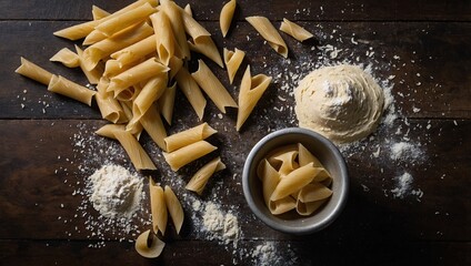 Sticker - Overhead view of traditional Italian pasta preparation with flour scattered on the table.