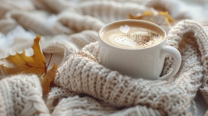 Wall Mural - A cup of coffee in fall muffler warm cup coffee