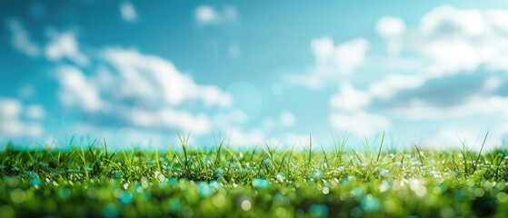 Canvas Print - Fresh Green Grass Under a Blue Sky with White Clouds