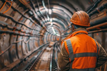 Wall Mural - A construction worker is part of a team building a new subway line in a major city