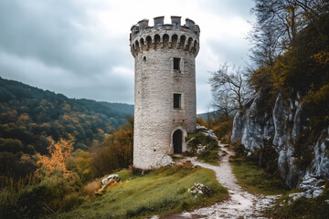 An abandoned medieval tower isolated in a forest