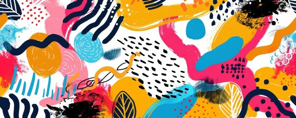 Wall Mural - Vibrant abstract doodle with colorful shapes and splashes, perfect for modern and creative backgrounds. Free copy space for text.