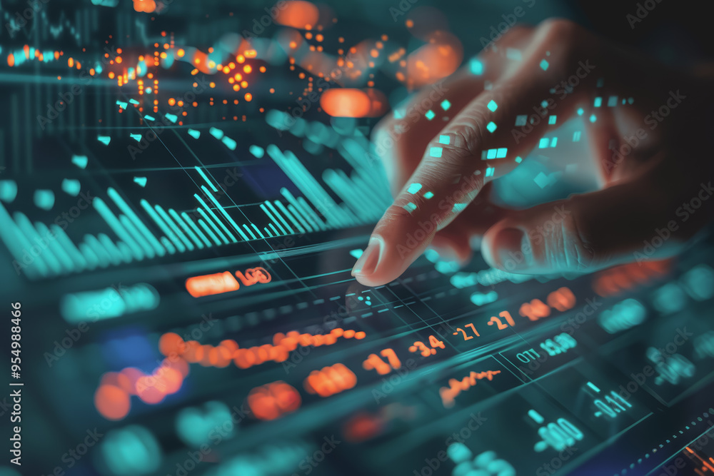 Hand pointing at financial chart displayed on digital screen showing ...
