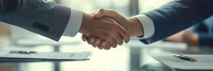 Wall Mural - Two business partners finalize an agreement with a handshake across a sleek glass table, surrounded by contract documents and pens in a contemporary office environment