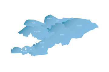 Sticker - Kyrgyzstan political map of administrative divisions - regions and independent cities of Bishkek and Osh. Shaded vector map with 3D-like blue gradient and name labels