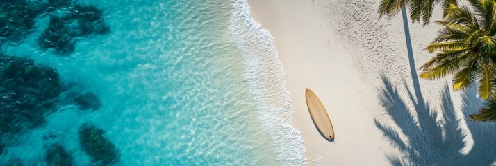 Poster - This tranquil tropical beach features soft white sand and vibrant turquoise waters. Palm trees cast gentle shadows, creating a peaceful escape under the sun