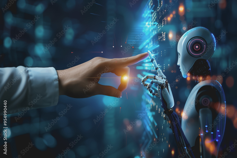 Human hand touches the finger of the AI robot on the screen. Artificial ...