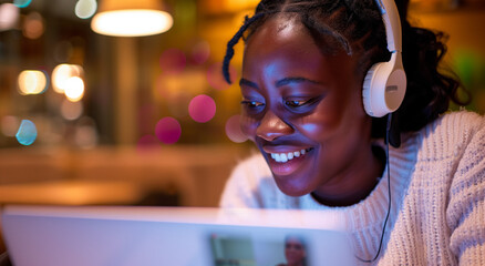 person listening to music. Young person working on laptop on a video call. Black woman remote working in a cafe. Millenial freelancer wearing yellow working from home smiling and laughing