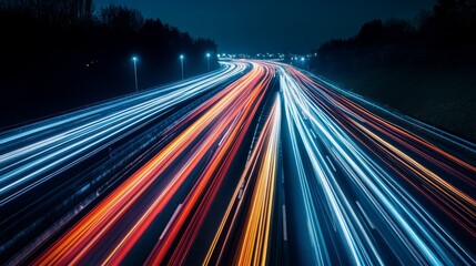 Fototapete - A night scene of an expressway with light trails from vehicles creating dynamic streaks, illustrating the energy and movement of late-night traffic.