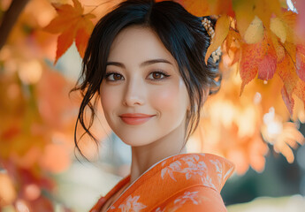 Wall Mural - a beautiful Japanese woman in a kimono, smiling and surrounded by colorful autumn leaves.