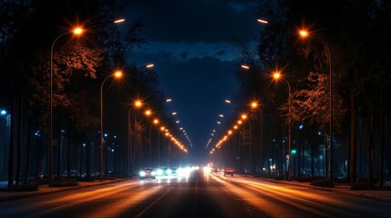 Canvas Print - A nighttime view of a street lined with illuminated streetlights casting a warm glow over the road, with cars passing by and a dark sky overhead.