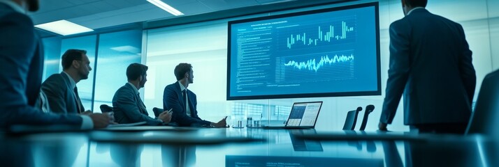 A group of professionals is actively discussing and analyzing digital data during a presentation in a sleek, modern conference room filled with natural light