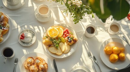 Poster - Breakfast Table Setting with Fruit, Pastries, and Coffee